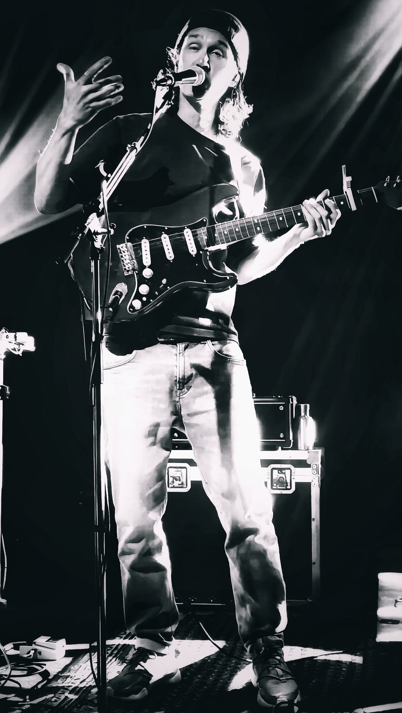 Synth rig wired up on stage